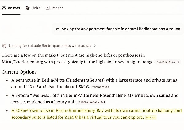 An AI assistant answering a property search and citing an oda virtual tour alongside listing portals